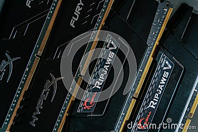 Memory modules. Fast G.Skill Ripjaws DDR4 RAM. Enthusiast DRAM sticks Editorial Stock Photo