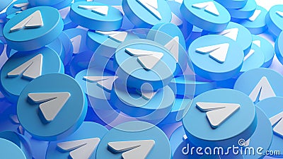 Valencia, Spain - February, 2021: A heap of Telegram app icons for a background in 3D rendering. Telegram is an online social Editorial Stock Photo