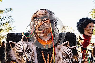Valencia, Spain - February 16, 2019: Man disguised as a shaman, traditional wizard of Peru Editorial Stock Photo