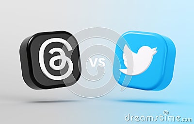 Valencia, Spain - July, 2023: Threads VS Twitter app icons face to face in 3D illustration. Threads is a new social media app by Cartoon Illustration