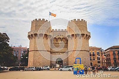 Architectural detail of the Serranos Towers in Valencia Editorial Stock Photo