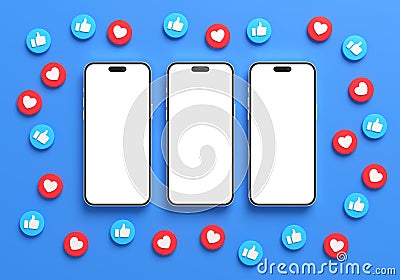 Valencia, Spain - March, 2023: Three iPhone mockups blank screen surrounded by Facebook like buttons on a blue background in 3D Editorial Stock Photo