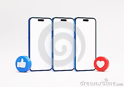 Valencia, Spain - March, 2023: Three mobile phones mockup blank screen with Facebook like buttons in 3D rendering. Social media Editorial Stock Photo
