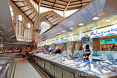 The fish market, inside the Central Market Mercado Central, Valencia Editorial Stock Photo