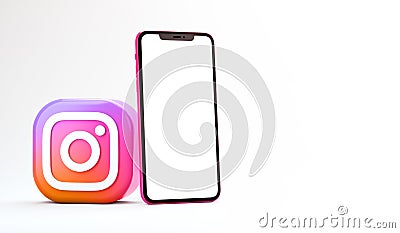 Valencia, Spain - October, 2021: Instagram app icon with mobile phone mockup isolated on white background in 3D rendering. Editorial Stock Photo