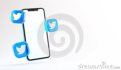 Valencia, Spain - October, 2021: Isolated Twitter icons with a blank screen mobile phone in 3D rendering. Twitter is a free social Editorial Stock Photo