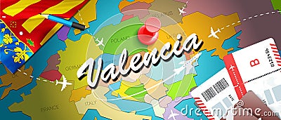 Valencia travel concept map background with planes, tickets. Visit Valencia travel and tourism destination concept. Valencia flag Stock Photo