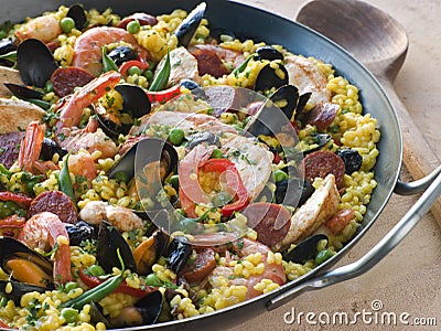 Valencian Paella in a Paella Pan Stock Photo