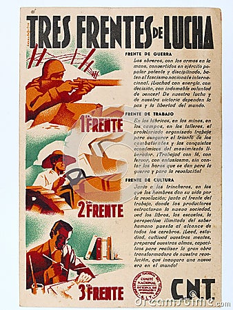 Valencian poster of the CNT `Three fronts of struggle`. Spanish civil war Editorial Stock Photo