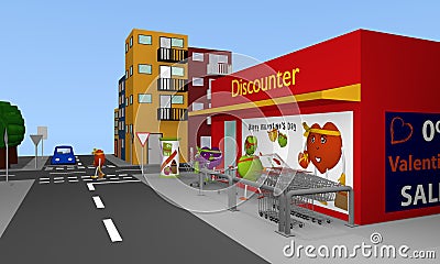 Valentin City: City view with discount stores, streets, houses a Stock Photo