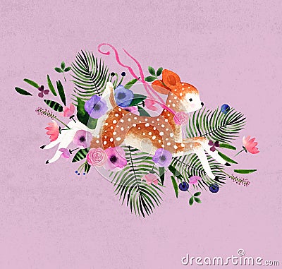 Floral watercolor postcard with deer Cartoon Illustration