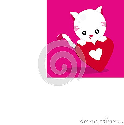 Valentine Animals Kitten Heart Red White 04 Vector Illustration