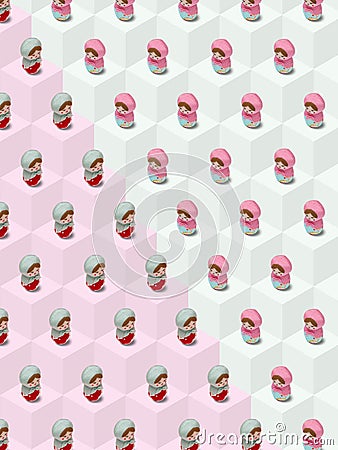 Valentine background, Girls theme, Isometric pattern photographed, cute toy, Russian Matryoshka dolls on a light colored block bac Stock Photo