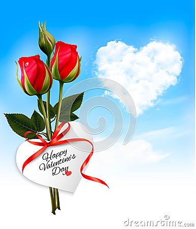 Valentine background with heart cloud and red flowers. Vector Illustration