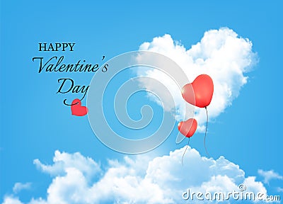 Valentine background with heart clouds and balloons. Vector Illustration