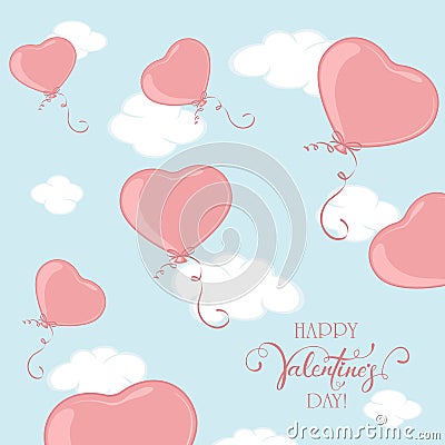 Valentine Balloons in the Form of Heart on Sky Background Vector Illustration