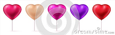 Valentine balloons. Realistic 3D red, pink and purple inflated forms. Heart shaped romantic decorative elements. Glossy Stock Photo