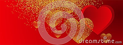 Valentine banners with deep red and golden glittering hearts - Facebook cover, -vector Stock Photo