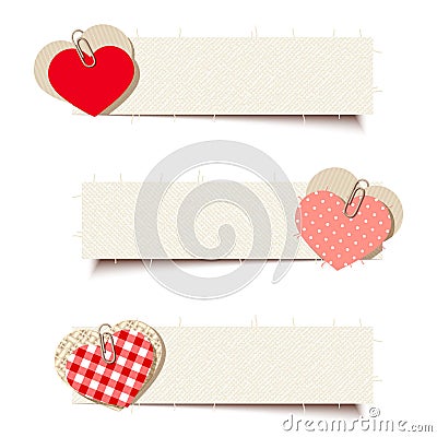Valentine banners with paper and rag hearts. Vector eps-10. Vector Illustration