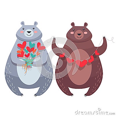 Valentine Bears with Necklace of Hearts, Flowers Vector Illustration