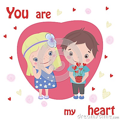 Valentine boy and girl in love. cartoon kids . Vector Illustration