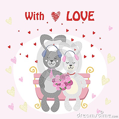 Valentine Bunny rabbit couple in love listening to music with headphones Vector Illustration