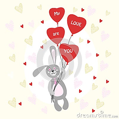 Valentine Bunny rabbit with heart balloons Vector Illustration