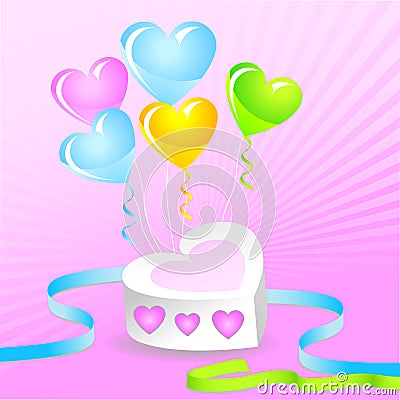 Valentine cake with colorfull balloons and ribbons Vector Illustration