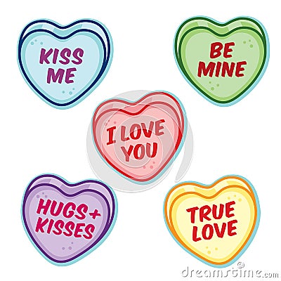 Valentine candy hearts with word sayings Vector Illustration