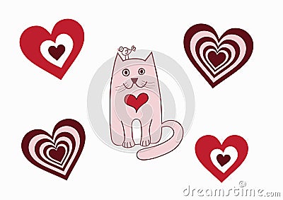 Valentine card cat bird Vector Illustration