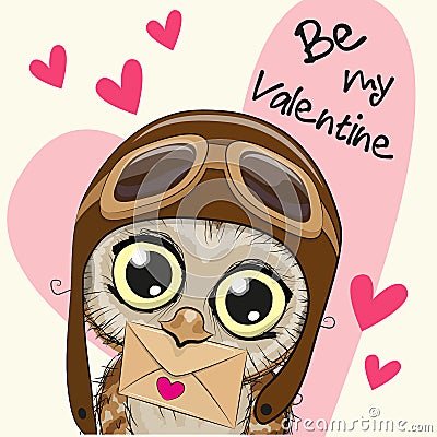 Valentine card with cute cartoon Owl Vector Illustration