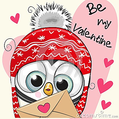 Valentine card with cute cartoon Penguin Vector Illustration