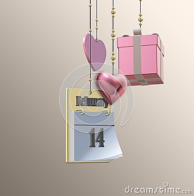 Valentine card with hanging 3D hearts, gift bo Cartoon Illustration