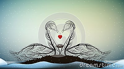 Valentine card love forever, Two swans look like tree branches with the bird nest inside and holding the heart, Vector Illustration