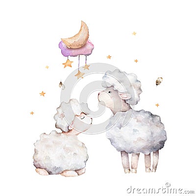 Cute Sheeps with stars. Hand drawn watercolor illustration on white isolated background Stock Photo