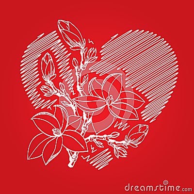 Valentine card with red heart and branch Vector Illustration