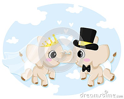 Valentine card with two enamored elephants, stylized heart and frame. Graphic element for valentine card Vector Illustration