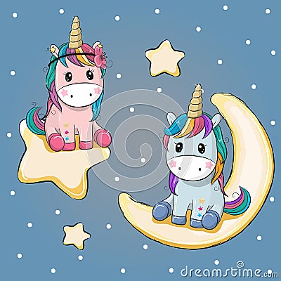 Valentine card with two Unicorns on a moon and star Vector Illustration