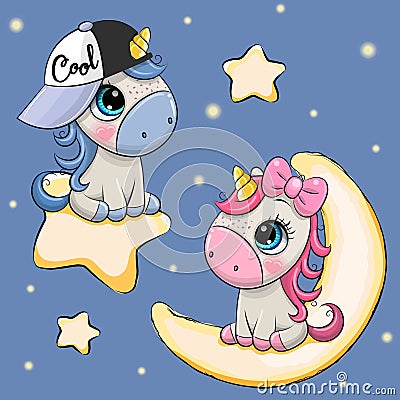 Valentine card with Unicorns on a moon and star Vector Illustration