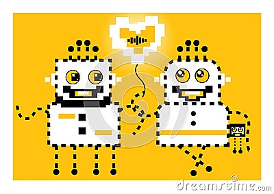 Valentine cartoon robots love. Valentine`s Day card Vector Illustration