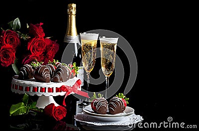 Valentine Champagne Roses Chocolate Covered Strawberries Stock Photo