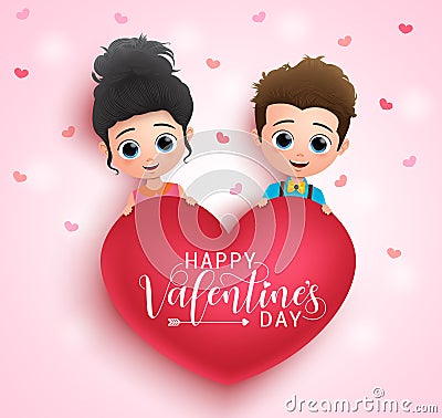 Valentine character vector banner design. Valentines couple characters holding heart shape element. Vector Illustration