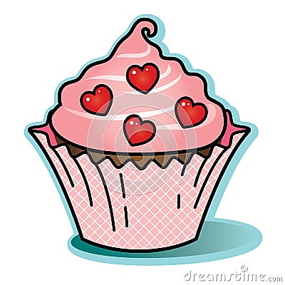 Valentine chocolate cupcake pink icing wrapper red heart candy Vector Illustration