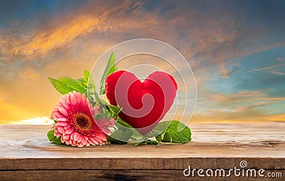 Valentine concept. pink flower and red Heart, on the setting sun Stock Photo