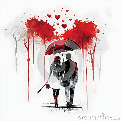 Valentine couple back view umbrella watercolour painting illustration red black Cartoon Illustration
