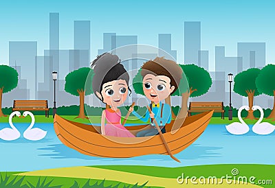 Valentine couple boating vector background concept. Valentines lovers character dating and riding a boat. Vector Illustration
