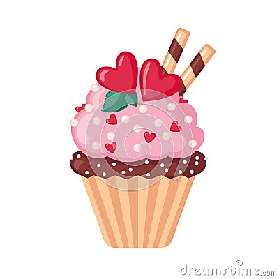 Valentine cupcake icon with hearts. Vector Illustration