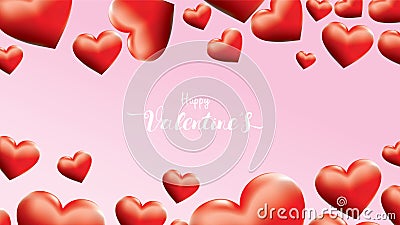 Valentine 3D Colorful Red Romantic Hearts shape flying and Floating on pink background. symbols of love for Happy Women`s, Mother Vector Illustration