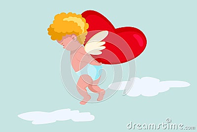 Valentine Day Amour Love Cupid flying with heart Vector Illustration