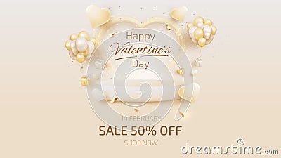 Valentine day backdrop with podium for product display, Heart shape elements, glitter light effects Vector Illustration